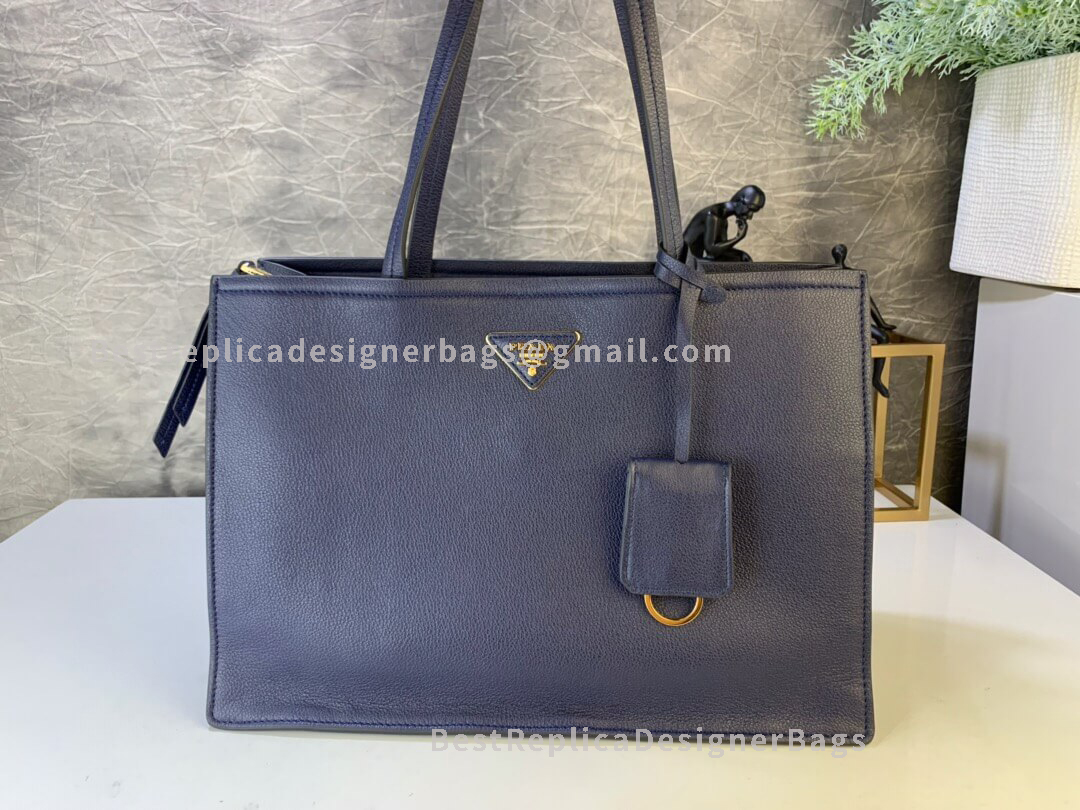 Prada Blue Leather Tote In Grained GHW 122
